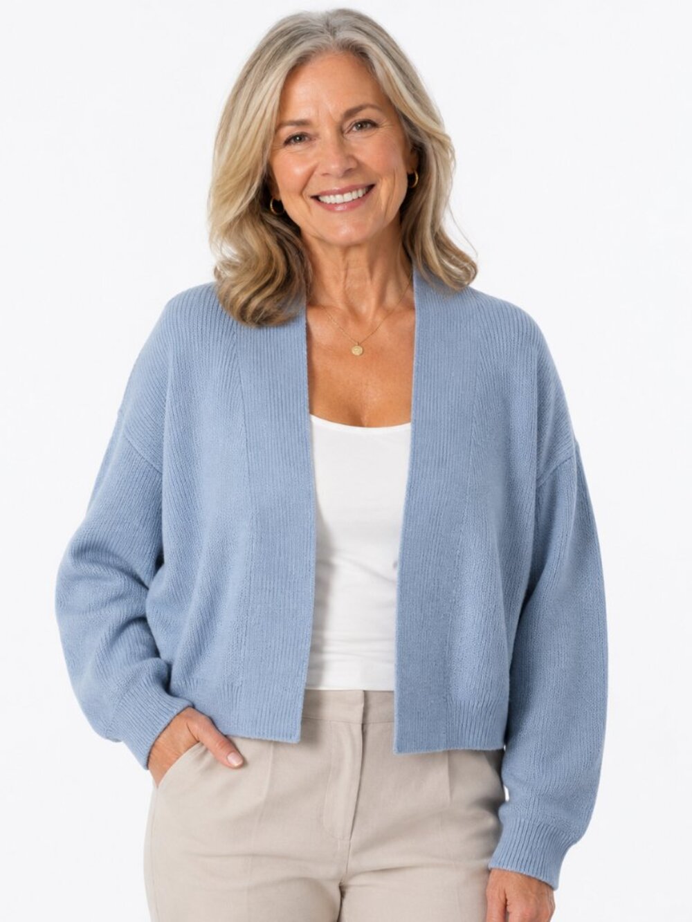 Naked Cashmere Blue 100% Cashmere Cropped Open Front Quiet Luxury Cardigan Sz S
